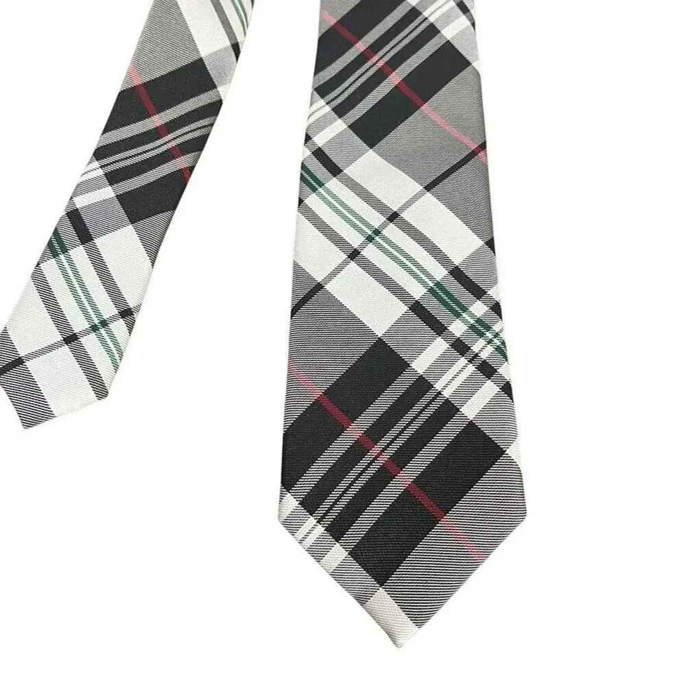 Ben Sherman Mens Hand Made 100% Silk Plaid Black Red Green Thin Neck Tie 2.75